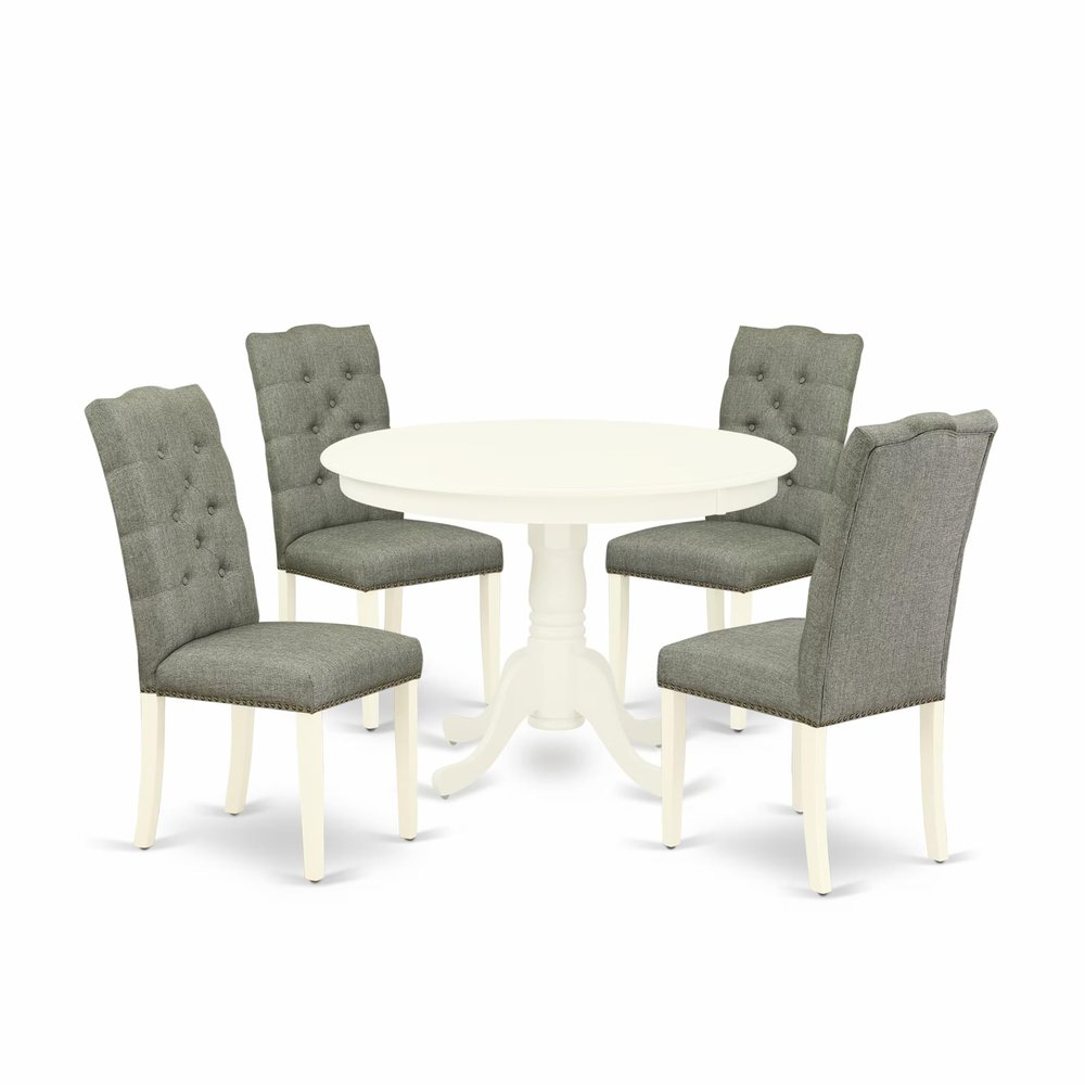 East West Furniture HLEL5-LWH-07 5 Piece Modern Dining Table Set Includes a Round Wooden Table with Pedestal and 4 Gray Linen Fabric Upholstered Parson Chairs, 42x42 Inch, Linen White