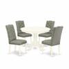 East West Furniture HLEL5-LWH-07 5 Piece Modern Dining Table Set Includes a Round Wooden Table with Pedestal and 4 Gray Linen Fabric Upholstered Parson Chairs, 42x42 Inch, Linen White view 1