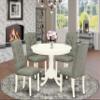 East West Furniture HLEL5-LWH-07 5 Piece Modern Dining Table Set Includes a Round Wooden Table with Pedestal and 4 Gray Linen Fabric Upholstered Parson Chairs, 42x42 Inch, Linen White view 2
