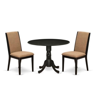 East West Furniture DLLA3-ABK-47 3 Piece Dining Room Table Set Contains a Round Kitchen Table with Dropleaf and 2 Light Sable Linen Fabric Parson Dining Chairs, 42x42 Inch, Wirebrushed Black