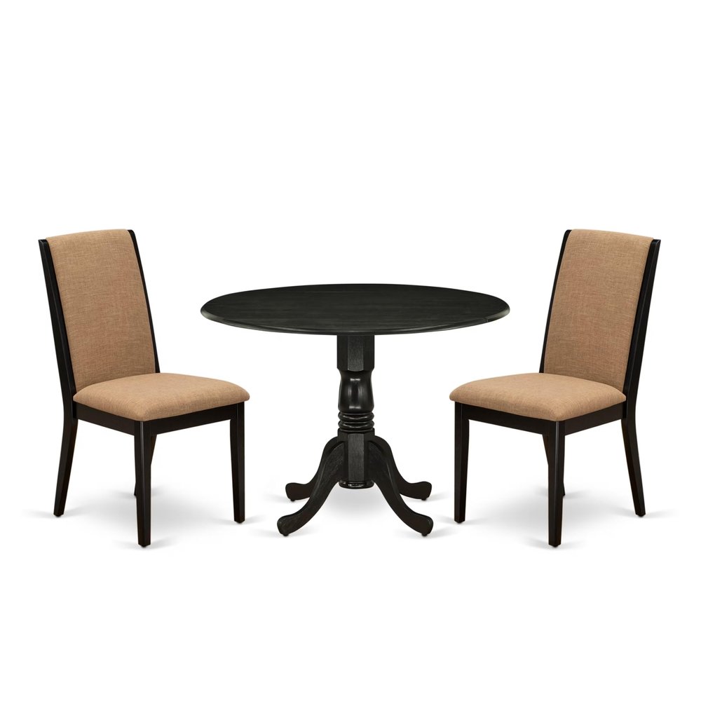 East West Furniture DLLA3-ABK-47 3 Piece Dining Room Table Set Contains a Round Kitchen Table with Dropleaf and 2 Light Sable Linen Fabric Parson Dining Chairs, 42x42 Inch, Wirebrushed Black