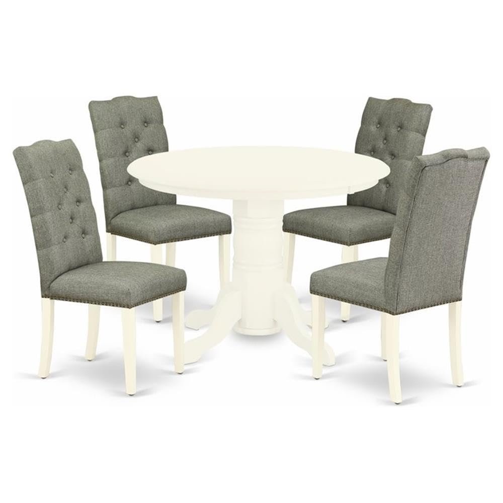 East West Furniture SHEL5-WHI-07 5 Piece Kitchen Table Set for 4 Includes a Round Dining Room Table with Pedestal and 4 Gray Linen Fabric Parson Dining Chairs, 42x42 Inch, Linen White