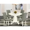 East West Furniture SHEL5-WHI-07 5 Piece Kitchen Table Set for 4 Includes a Round Dining Room Table with Pedestal and 4 Gray Linen Fabric Parson Dining Chairs, 42x42 Inch, Linen White view 2