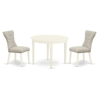East West Furniture BOGA3-WHI-35 3 Piece Dining Table Set for Small Spaces Contains a Round Kitchen Table and 2 Doeskin Linen Fabric Parson Dining Chairs, 42x42 Inch, Linen White