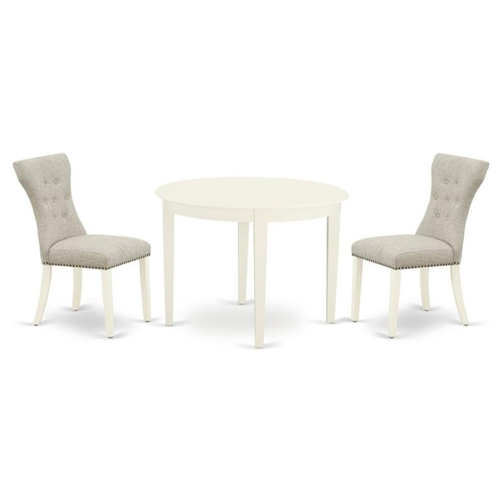 East West Furniture BOGA3-WHI-35 3 Piece Dining Table Set for Small Spaces Contains a Round Kitchen Table and 2 Doeskin Linen Fabric Parson Dining Chairs, 42x42 Inch, Linen White
