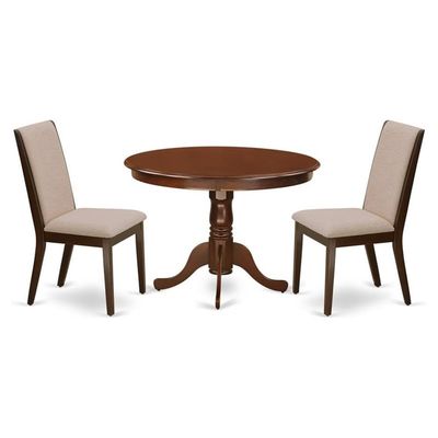 East West Furniture HLLA3-MAH-04 3 Piece Kitchen Table Set Contains a Round Dining Room Table with Pedestal and 2 Light Tan Linen Fabric Parson Dining Chairs, 42x42 Inch, Mahogany