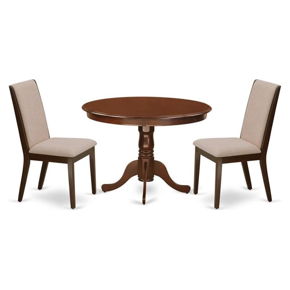 East West Furniture HLLA3-MAH-04 3 Piece Kitchen Table Set Contains a Round Dining Room Table with Pedestal and 2 Light Tan Linen Fabric Parson Dining Chairs, 42x42 Inch, Mahogany