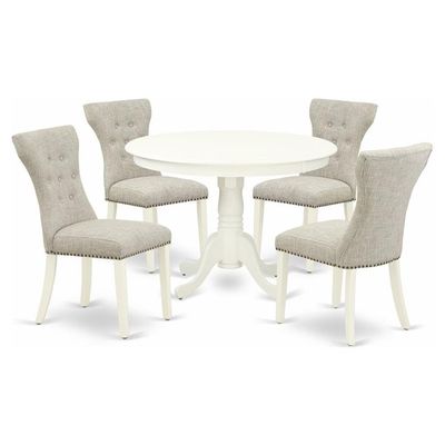 East West Furniture HLGA5-LWH-35 5 Piece Dining Table Set Includes a Round Dining Room Table with Pedestal and 4 Doeskin Linen Fabric Parsons Chairs, 42x42 Inch, Linen White