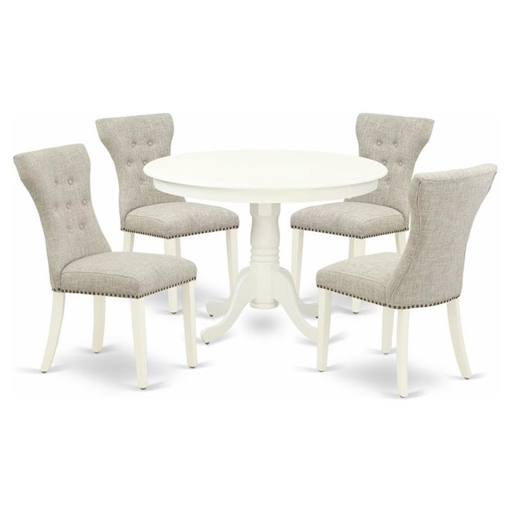 East West Furniture HLGA5-LWH-35 5 Piece Dining Table Set Includes a Round Dining Room Table with Pedestal and 4 Doeskin Linen Fabric Parsons Chairs, 42x42 Inch, Linen White