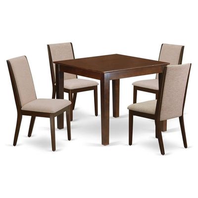 East West Furniture OXLA5-MAH-04 5 Piece Dinette Set for 4 Includes a Square Dining Room Table and 4 Light Tan Linen Fabric Upholstered Parson Chairs, 36x36 Inch, Mahogany