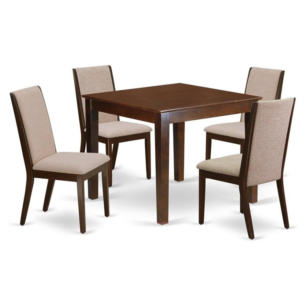 East West Furniture OXLA5-MAH-04 5 Piece Dinette Set for 4 Includes a Square Dining Room Table and 4 Light Tan Linen Fabric Upholstered Parson Chairs, 36x36 Inch, Mahogany