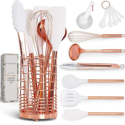 White Silicone and Copper Kitchen Utensils Set with Holder - 17-Piece Rose Gold Cooking Tools for Nonstick Cookware, with Measuring Cups, Spoons, & Utensil Holder - Stylish Copper Kitchen Accessories