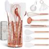White Silicone and Copper Kitchen Utensils Set with Holder - 17-Piece Rose Gold Cooking Tools for Nonstick Cookware, with Measuring Cups, Spoons, & Utensil Holder - Stylish Copper Kitchen Accessories view 1