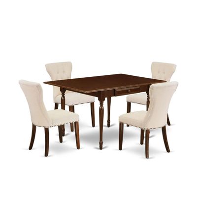 East West Furniture MZGA5-MAH-32 5 Piece Dining Set Includes a Rectangle Dining Room Table with Dropleaf and 4 Light Beige Linen Fabric Upholstered Parson Chairs, 36x54 Inch, Mahogany