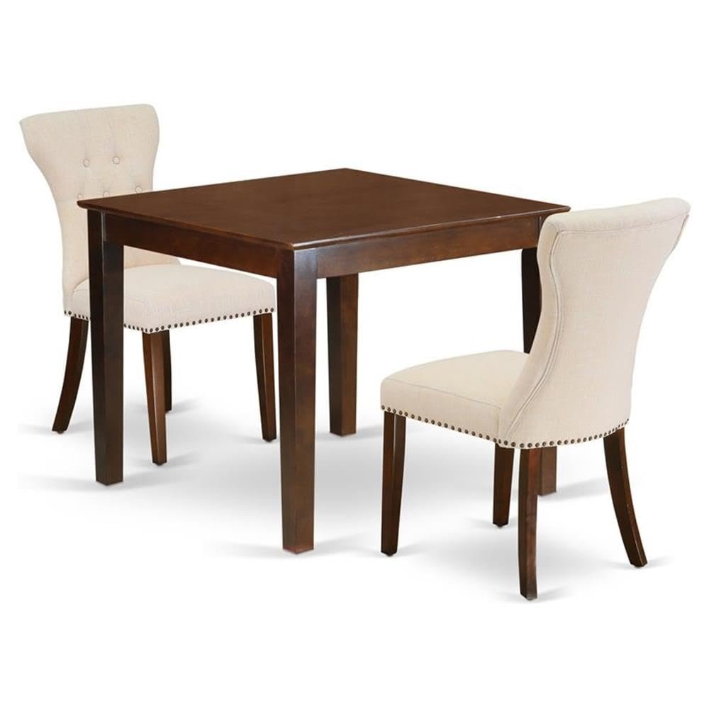 East West Furniture OXGA3-MAH-32 3 Piece Dining Room Furniture Set Contains a Square Dining Table and 2 Light Beige Linen Fabric Upholstered Parson Chairs, 36x36 Inch, Mahogany
