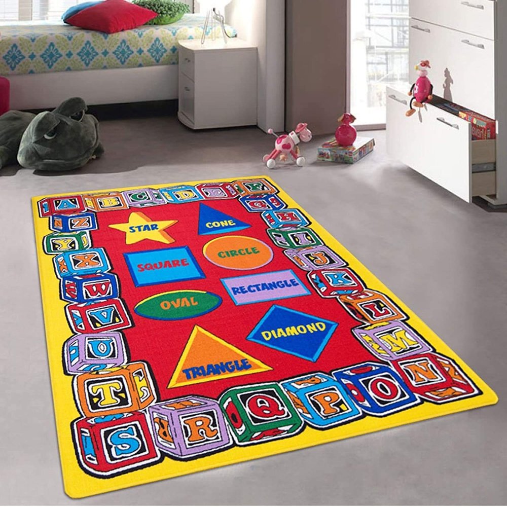 champion rugs Kids/Classroom Area Rug. ABCs Alphabet. Blocks. Shapes Triangle Square Rectangle. Educational. Fun. Non-Slip Gel Back. Bright Colorful Vibrant Colors (8 Feet X 10 Feet)