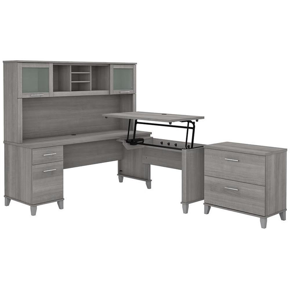 Bush Home Somerset 72W 3 Position Sit to Stand L Shaped Desk with Hutch and File Cabinet in Platinum Gray