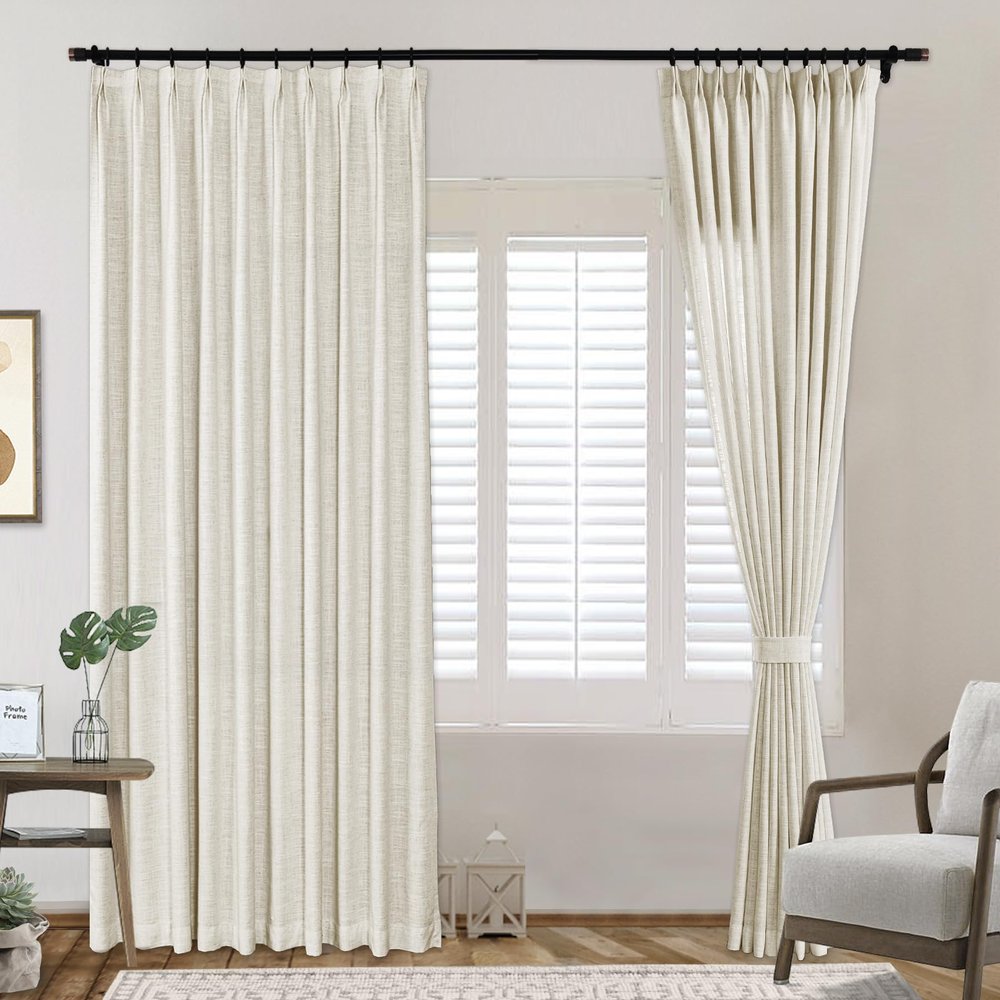 Frelement Pinch Pleat Texture Linen Curtains Energy Saving Sun Blocking Drapes for Sliding Glass Door, Kitchen Windows, Beige White, 52" W x 96" L, 1 Panel