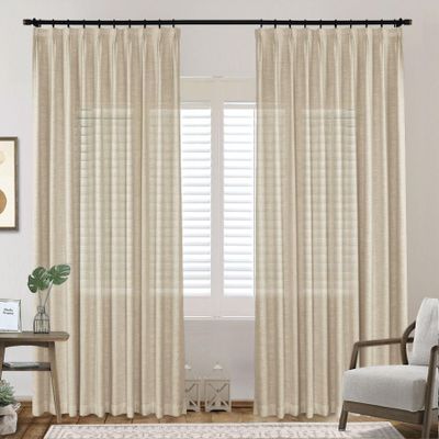 Frelement Pinch Pleat Texture Linen Curtains Energy Saving Sun Blocking Drapes for Sliding Glass Door, Kitchen Windows, Sand Beige, 52" W x 96" L, 1 Panel
