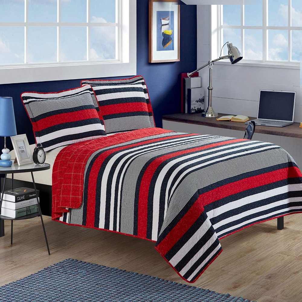 All American Collection 2pc Modern Contemporary Soft Comfy Bedroom Bedspread Quilt Set (Red/Navy, Twin)