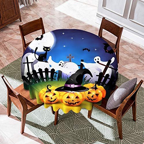 Halloween Round Tablecloth - Pumpkin Witch Hat Grave Ghost Bats Black Cat Moonlight 100% Polyester Fabric Machine Washable Spill Resistance Printed Wrinkle Free Dining Holiday Party Decor 50 Inch