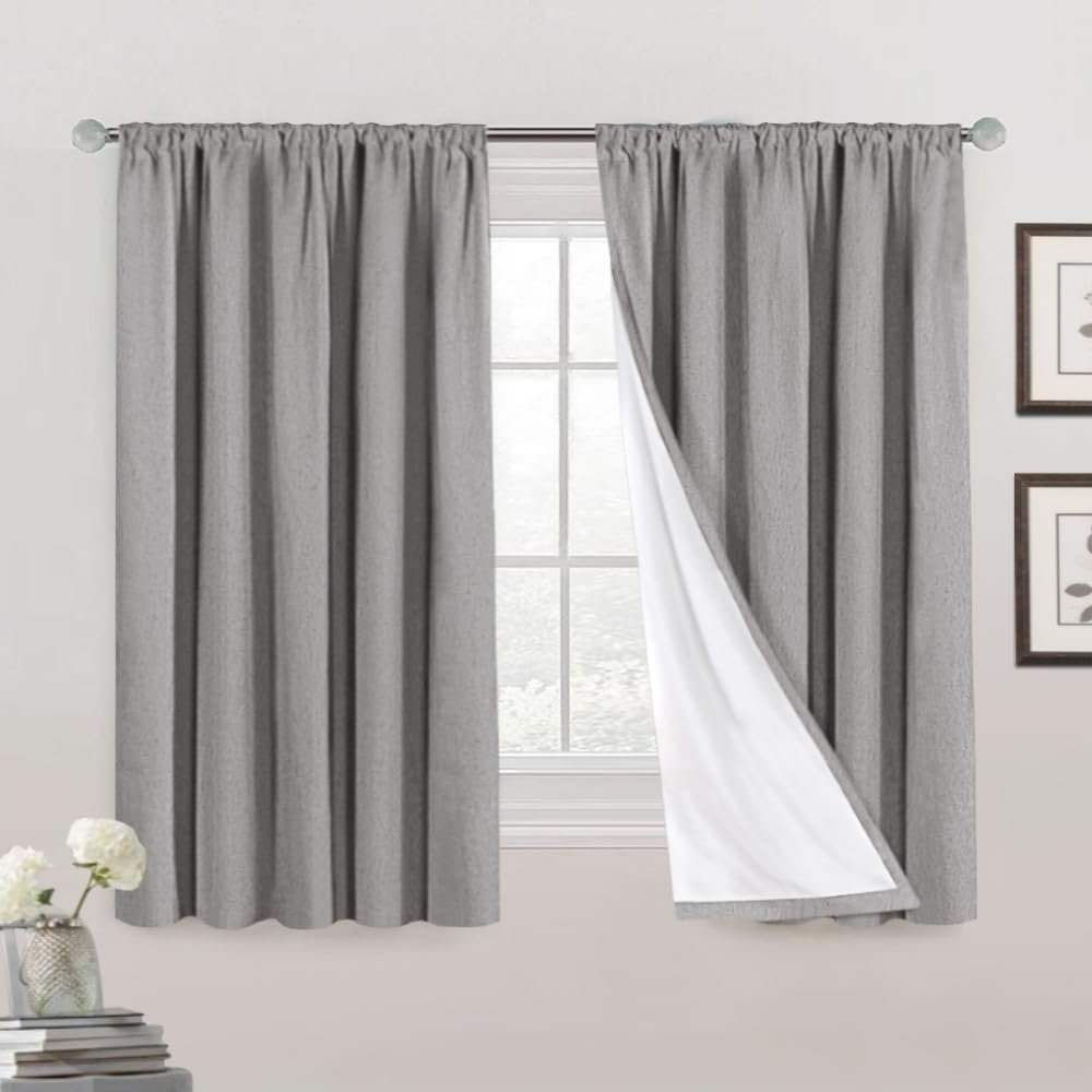 100% Blackout Curtains Primitive Linen Textured Curtain Drapes for Bedroom Full Light Blocking Window Curtains Draperies for Living Burlap Fabric Soft with White Liner (52"W x 63"L, Light Grey)
