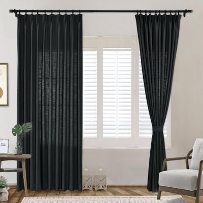 Frelement Pinch Pleat Texture Linen Curtains Energy Saving Sun Blocking Drapes for Sliding Glass Door, Kitchen Windows, Black, 52" W x 96" L, 1 Panel