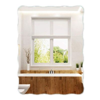 40x60cm Rectangle Decorative Mirror for Bathroom Beveled Frameless Wall Mirror Wave Pattern Shaving Makeup Mirror with 3 Hanging Hooks