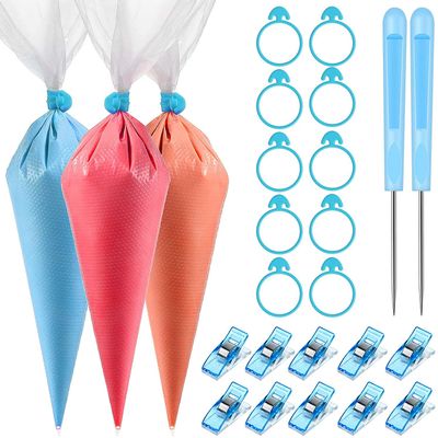 Patelai 122 Pcs Piping Bag Set with Disposable Tipless Piping Pastry Bags Ties Clips Awls Tool for Cakes Icing Scribe Cookie Decorating Supplies Christmas Halloween Decor(14 Inch,Blue)