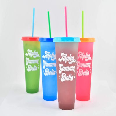 Sorority Shop Alpha Gamma Delta Color Changing Cups - Pack of 4 Reusable Plastic Insulated General Use Cups with Lids and Straws, 24 Oz Capacity, Retro Design