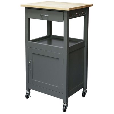 eHemco Kitchen Island Cart on Wheels with Drawer, Storage Cabinet, Shelf and Natural Solid Hardwood Top, Gray Base