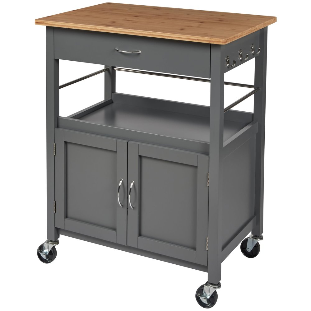 eHemco Kitchen Island Cart on Wheels with Drawer, Storage Cabinet, Shelf and Natural Bamboo Top Butcher Block, Gray Base