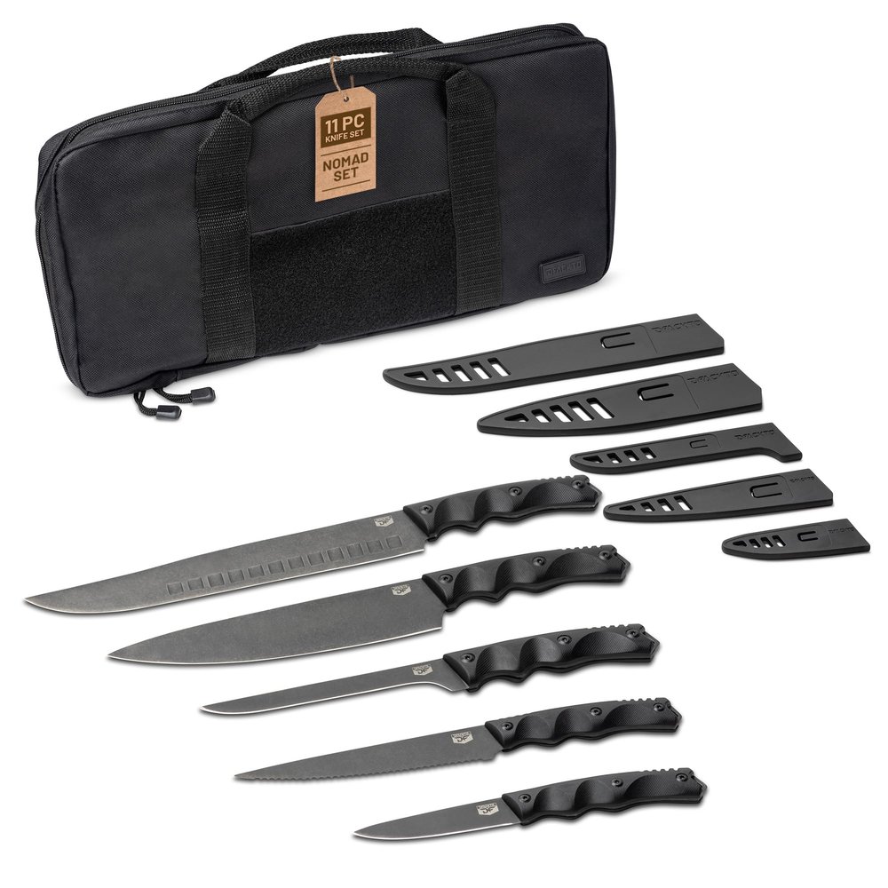 DFACKTO 11-PC Rugged Chef Knife Set High Carbon Stainless Steel Kitchen Cutlery w/Full Tang G10 Handles, Protective Sheaths & Travel Case - Professional Cutlery for Cooking & Camping w/Black Bag