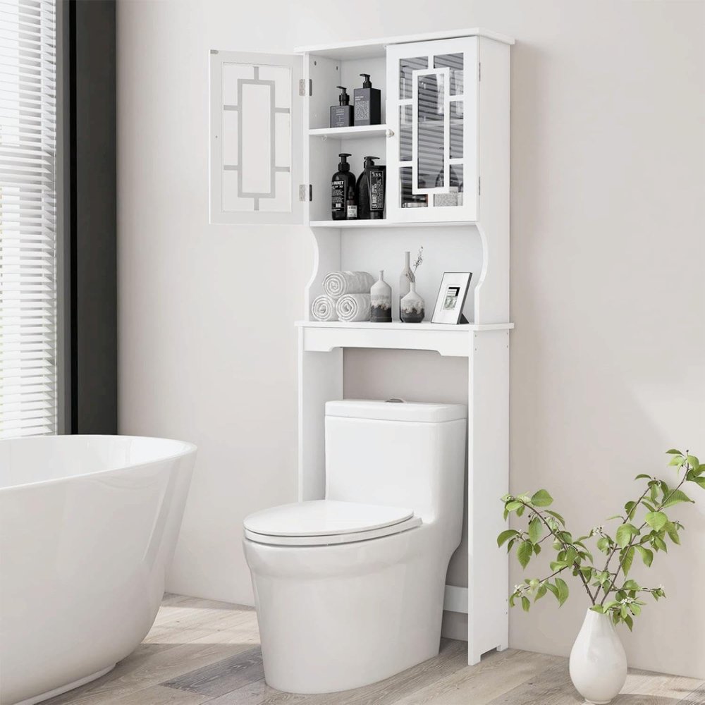 BestComfort Over The Toilet Storage Cabinet, Home Bathroom Space Saver Organizer Above Toilet, Double Doors and Adjustable Shelf, Wooden Freestanding Toilet Storage Rack Unit, 67 inch (White)