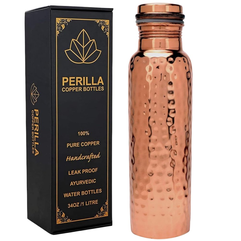 Perilla Home Pure Copper Water Bottle 34 Oz Leak Proof 100% Pure - Ayurvedic Copper Vessel - Drink More Water And Enjoy The Health Benefits Immediately - For Gym, Yoga Bottle (Hammered)
