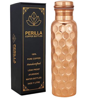 Perilla Home Pure Copper Water Bottle 34 Oz Leak Proof 100% Pure Ayurvedic Copper Vessel - Drink More Water And Enjoy The Health Benefits Immediately - For Gym, Yoga Bottle (Diamond Pattern)