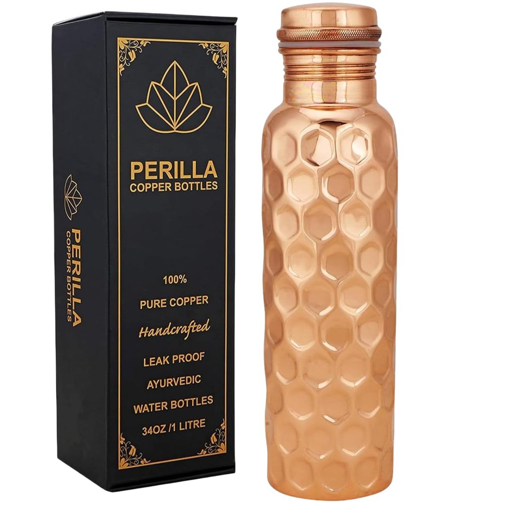 Perilla Home Pure Copper Water Bottle 34 Oz Leak Proof 100% Pure Ayurvedic Copper Vessel - Drink More Water And Enjoy The Health Benefits Immediately - For Gym, Yoga Bottle (Diamond Pattern)