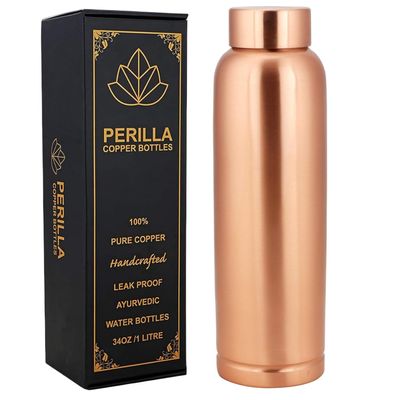 Perilla Home Pure Copper Water Bottle 34 Oz Leak Proof 100% Pure - Ayurvedic Copper Vessel - Drink More Water And Enjoy The Health Benefits Immediately - For Gym, Yoga Bottle - (Cleo)