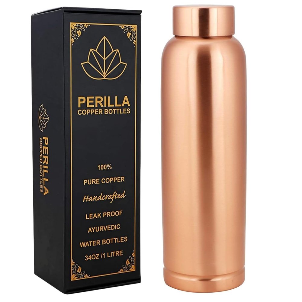 Perilla Home Pure Copper Water Bottle 34 Oz Leak Proof 100% Pure - Ayurvedic Copper Vessel - Drink More Water And Enjoy The Health Benefits Immediately - For Gym, Yoga Bottle - (Cleo)