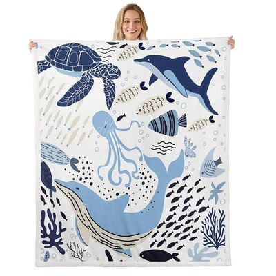 Erosebridal Turtle Blanket White Blue Whale Decor Teen Fleece Blanket,Octopus Pattern Ocean Theme Sherpa Throw Blanket Underwater Children Bedroom Decor Soft Plush Blanket, Throw 50"x60"