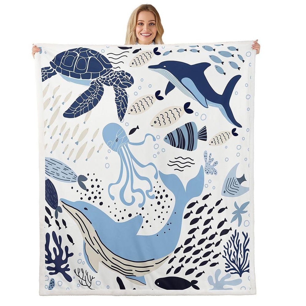 Erosebridal Turtle Blanket White Blue Whale Decor Teen Fleece Blanket,Octopus Pattern Ocean Theme Sherpa Throw Blanket Underwater Children Bedroom Decor Soft Plush Blanket, Throw 50"x60"