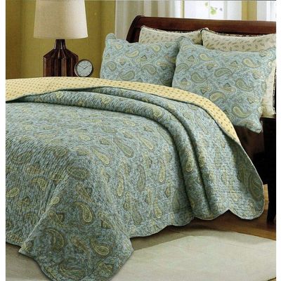 TRP 3 Piece Country Cottage Style Green Blue Quilt Set, All Season Beautiful Floral Damask Paisley Pattern Made of 100 Percent Cotton Shabby Chic Bedding, Reversible Scallop Edges Queen Size Quilt