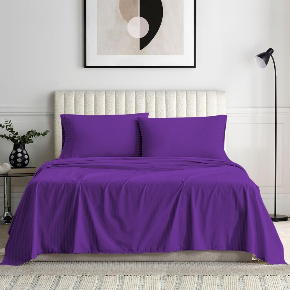 Rinku Linen Genuine 600 Thread Count Egyptian Quality Cotton 6-Pieces Sheet Set Fit Mattress Up to 9-12" Deep Pocket Full, Purple Stripe