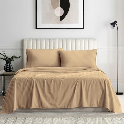 Rinku Linen Genuine 600 Thread Count Egyptian Quality Cotton 6-Pieces Sheet Set Fit Mattress Up to 9-12" Deep Pocket Twin, Taupe Stripe
