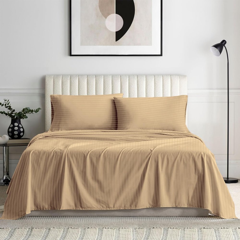 Rinku Linen Genuine 600 Thread Count Egyptian Quality Cotton 6-Pieces Sheet Set Fit Mattress Up to 9-12" Deep Pocket Twin, Taupe Stripe