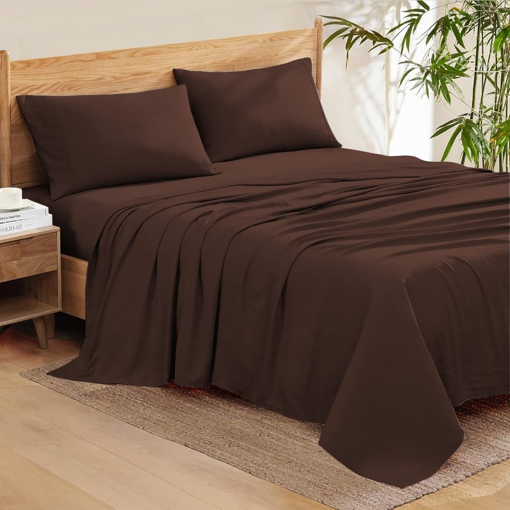 Rinku Linen Genuine 600 Thread Count Egyptian Quality Cotton 6-Pieces Sheet Set Fit Mattress Up to 9-12" Deep Pocket Twin XL, Chocolate Solid