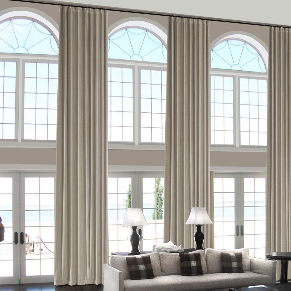 ChadMade 108 Inches Length Velvet Curtains, 2 Panels 52Wx108L Grey Beige, Rod Pocket Back Tab Hook Belt Flat Hooks Light Filtering Draperies for Ceiling Track Bay Window, Leon Collection