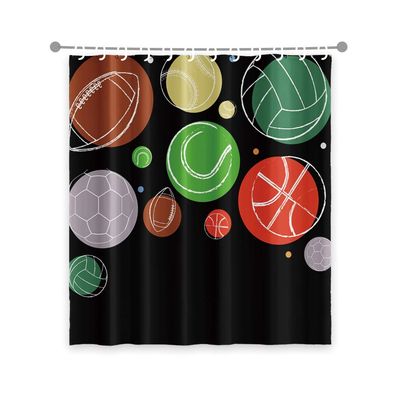 OERJU Ball Sports Cartoon Themed Shower Curtain Colorful Baseball Football Volleyball Rugby Basketball Physical Exercise Design Black Waterproof Fabric Kids Bath Curtain with Hooks 72x78inch