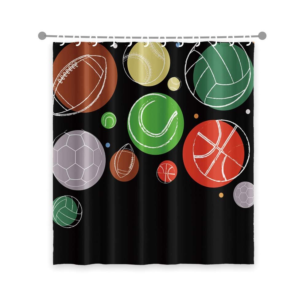 OERJU Ball Sports Cartoon Themed Shower Curtain Colorful Baseball Football Volleyball Rugby Basketball Physical Exercise Design Black Waterproof Fabric Kids Bath Curtain with Hooks 72x78inch