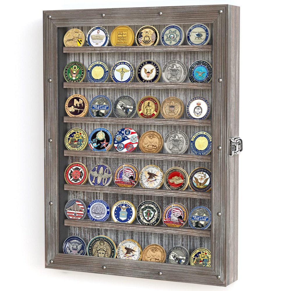 Military Challenge Coin Display Case Holder, 13x17.5 inches Large Cabinet Wall Mount - MK614A (Rustic Wood)